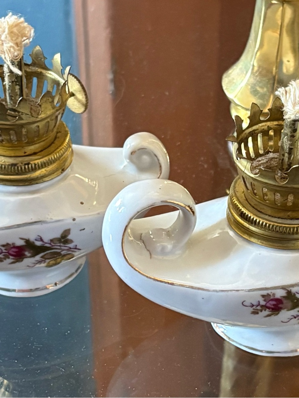 2 Vintage genie porcelain oil lamps mini novelty floral print made in Japan